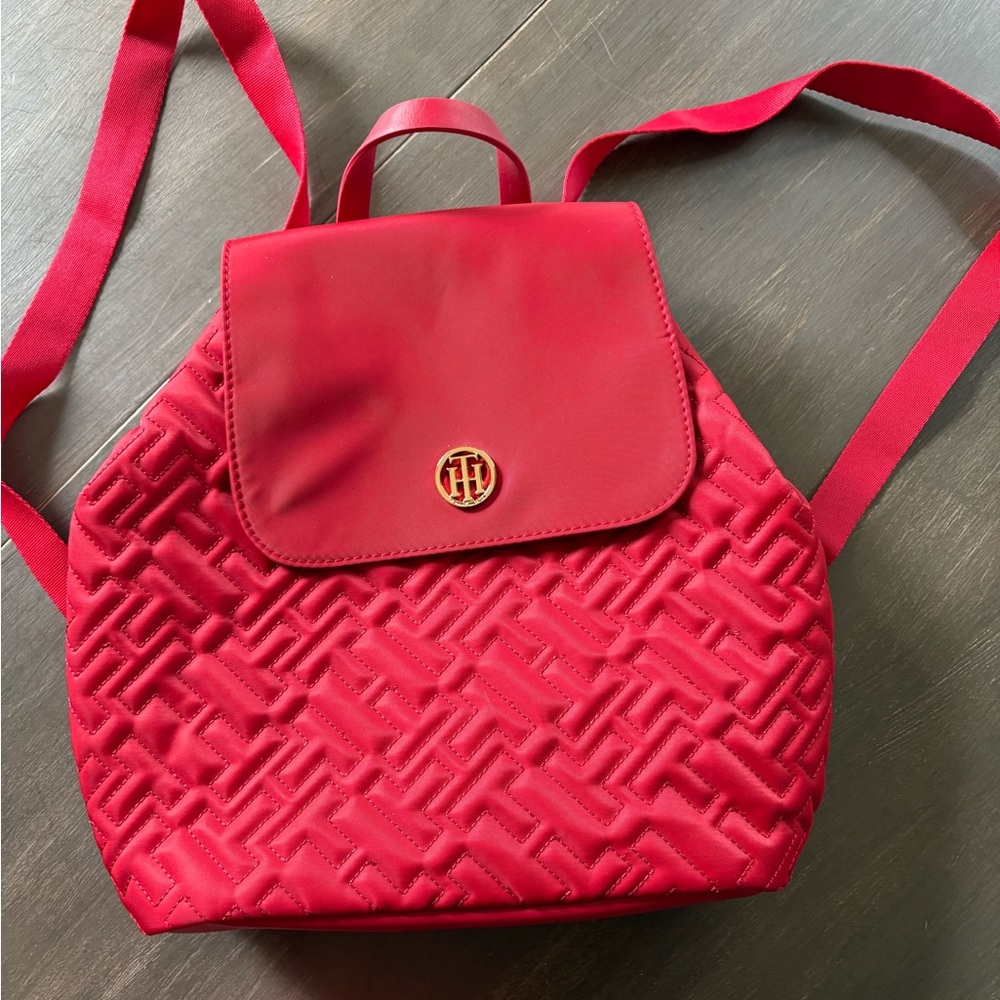 Tommy Hilfiger Quilted Red Logo Flap Backpack